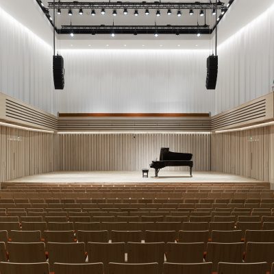 An empty theatre with a piano on stage