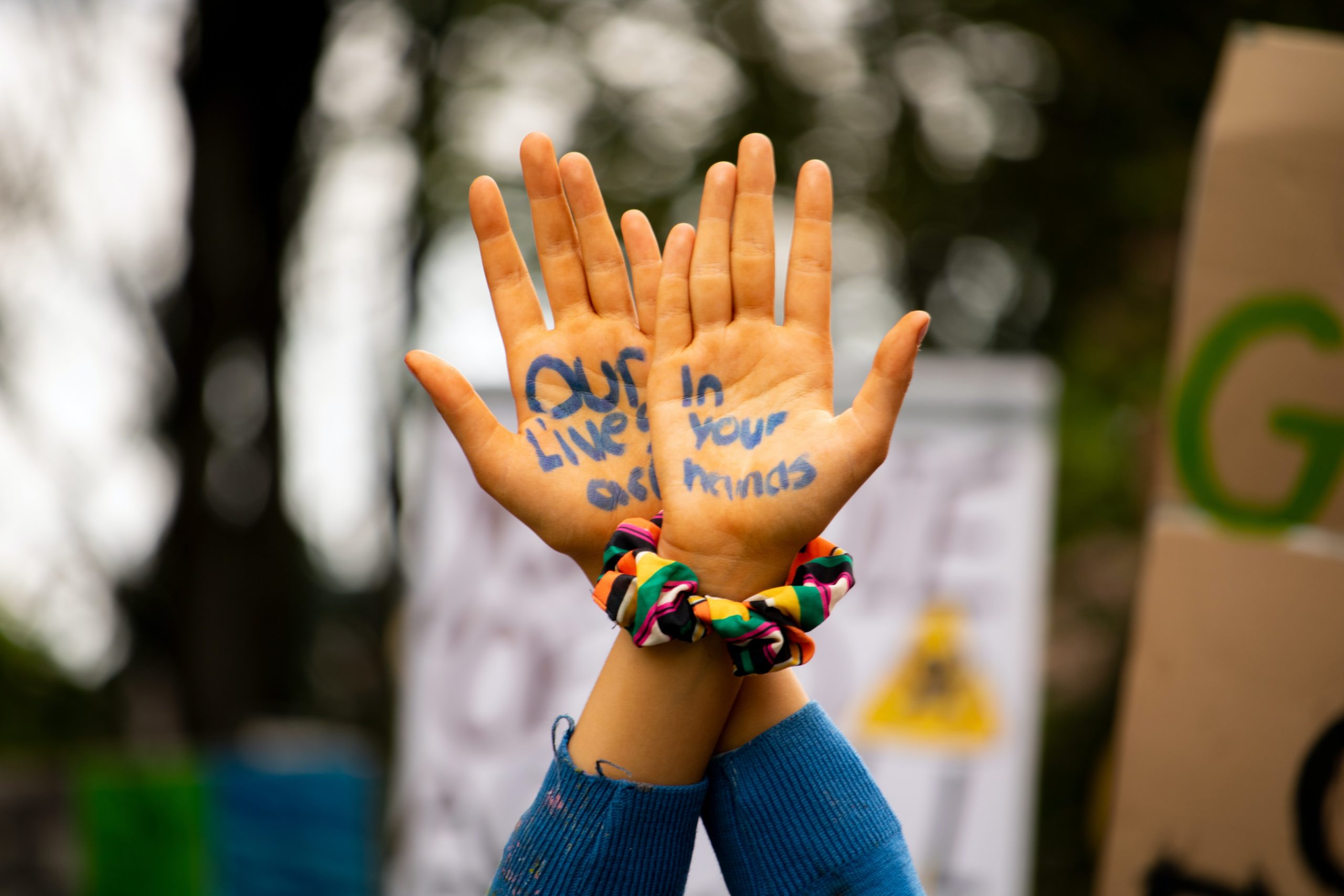 A pair of hands held up with the words 'our lives are in your hands' written on them in blue paint.