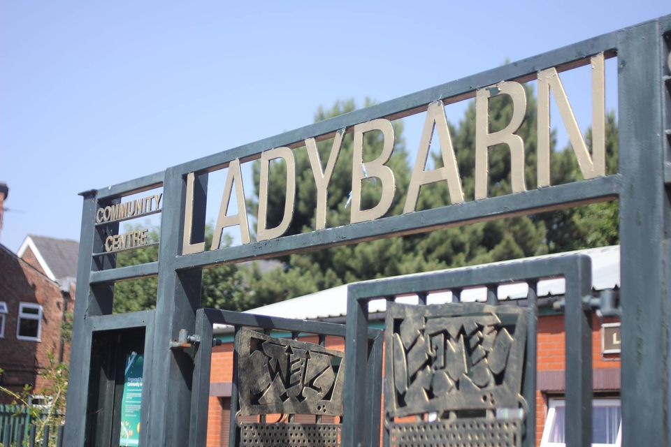 The signage outside Ladybarn Community Hub.