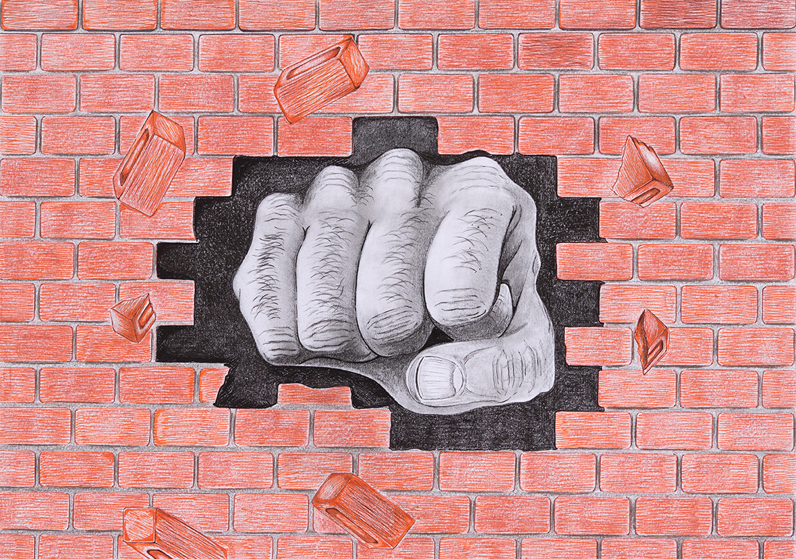A fist punching through a red brick wall.