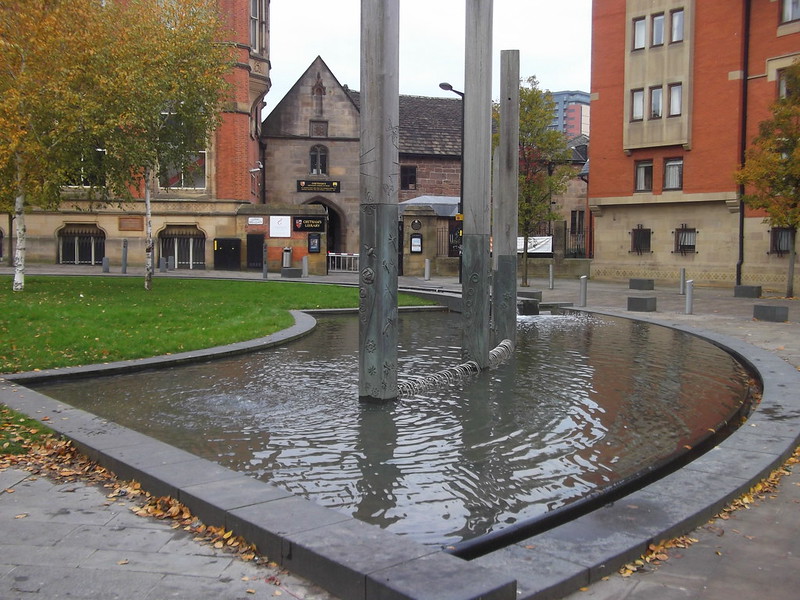 A water feature outside Chetham's School of Music in Manchester.