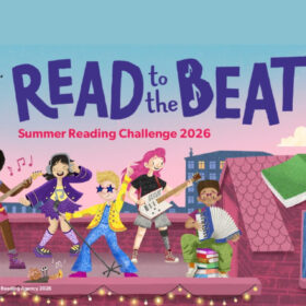 The header for the Summer Readng Challenge with the words 'Read to the Beat' and a series of cartoon illustrated figures all playing instruments.