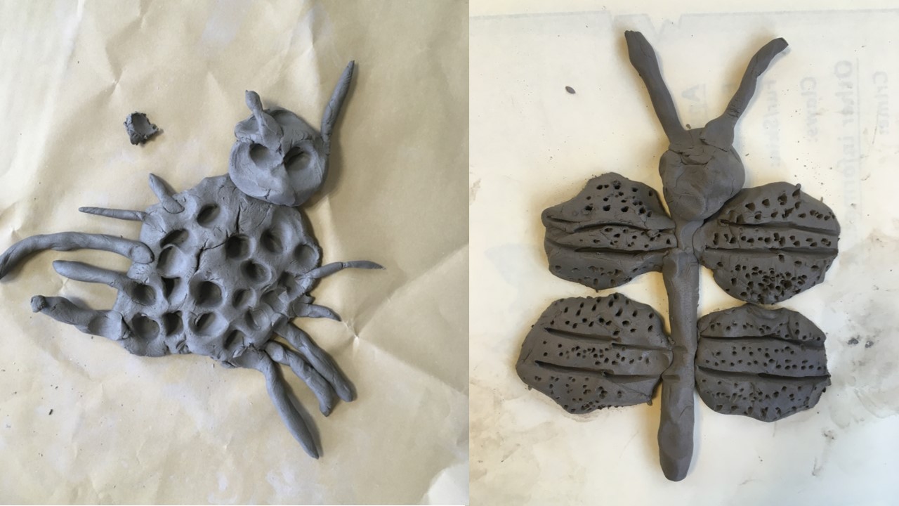 Clay insects with mark making.