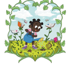 Drawing of a young girl watering plants with books growing on stems in the background
