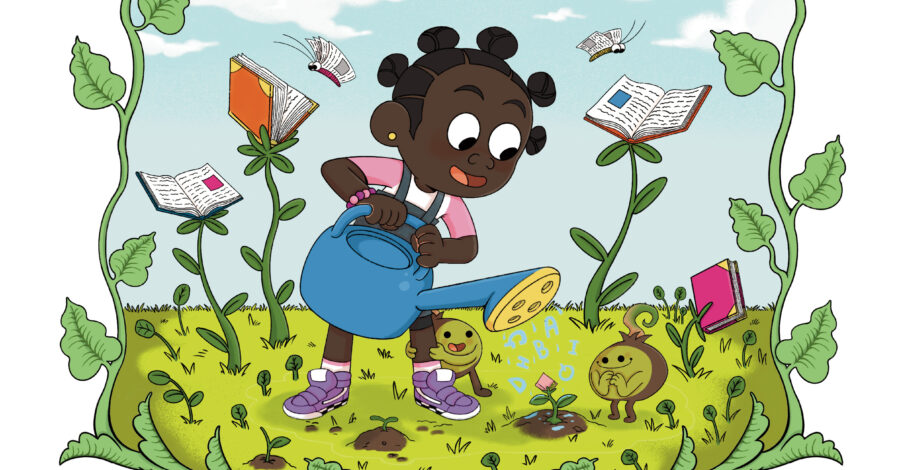 Drawing of a young girl watering plants with books growing on stems in the background