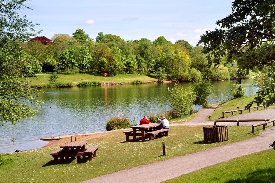 The picnic area overlooking the lake at Chorlton Water Park.