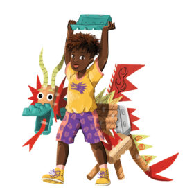 An illustration of a boy wearing brightly coloured shorts, t-shirt and trainers holding a book above his head. A dragon stands behind him.