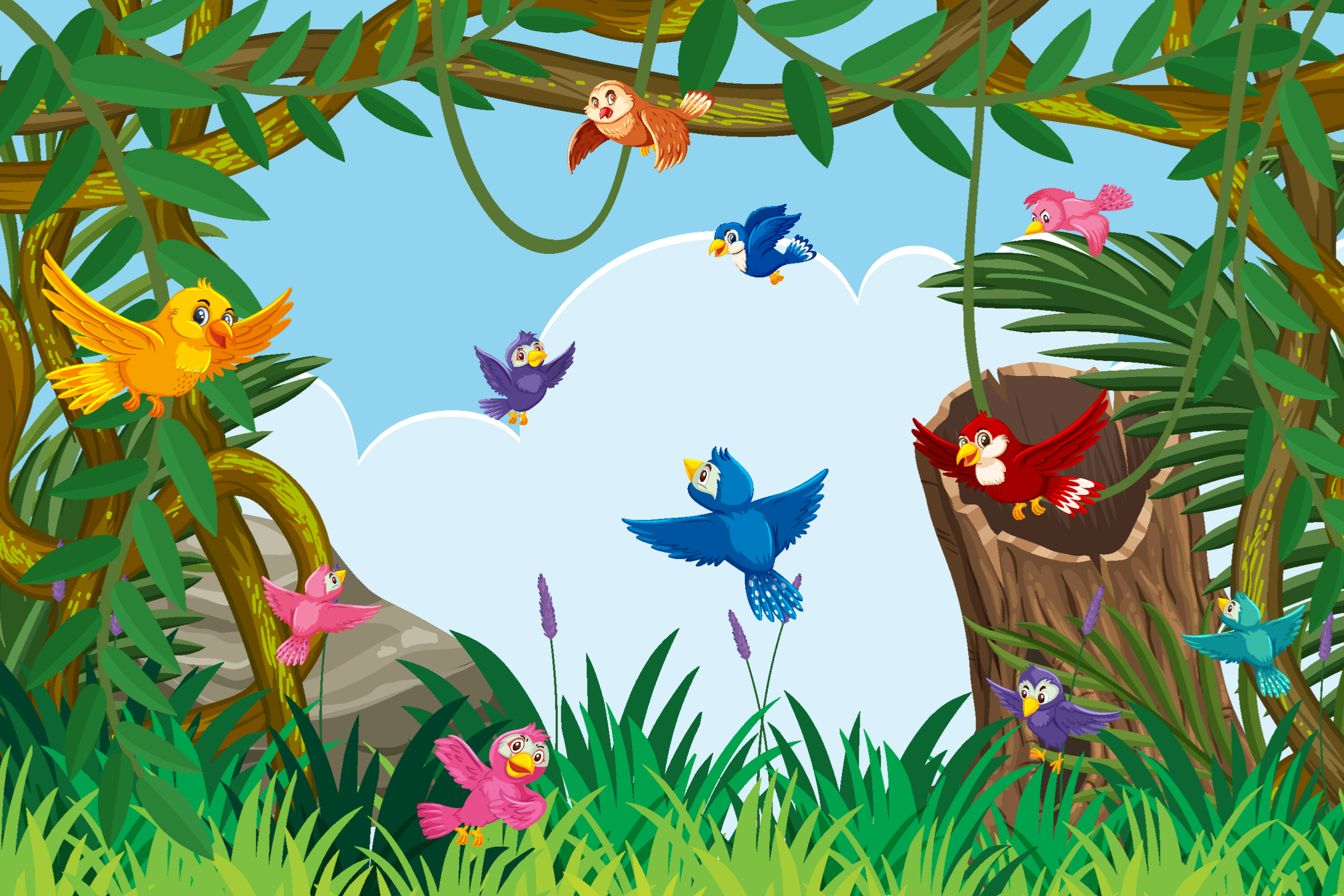 Small colourful birds fly around a clearing in a forest.