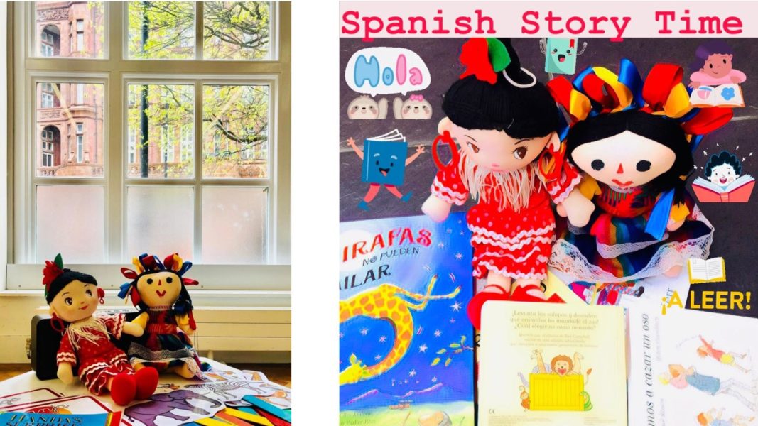 Spanish Storytime poster with with two dolls