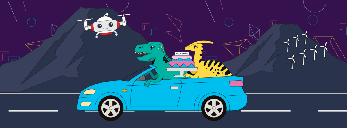 Dinosaurs in a blue car chasing a drone