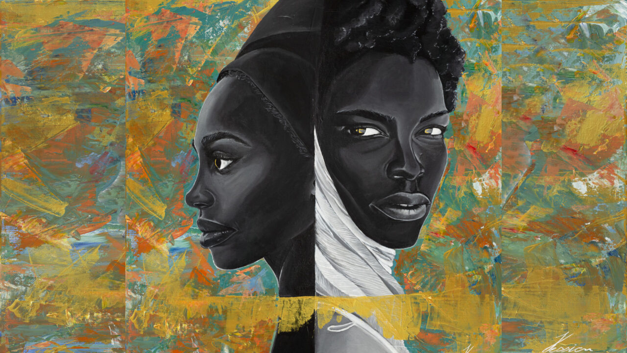 An artwork with two Black women's faces. one faces forward and one is a side profile.