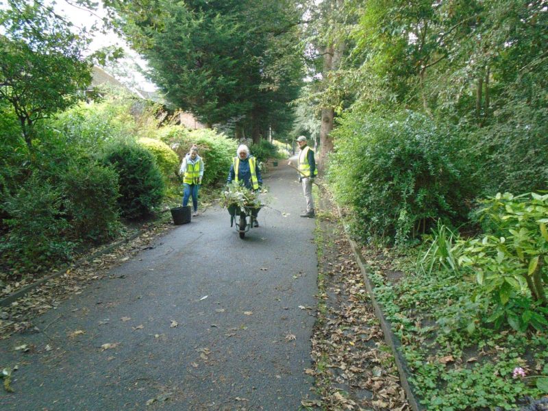 A group of volunteers wearing hi-vis vests clean up a park pathway.