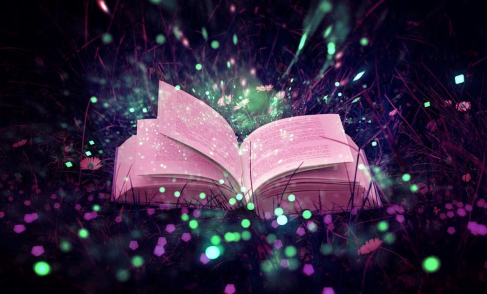 A magical pick book sits open with colourful glitter exploding out of it.