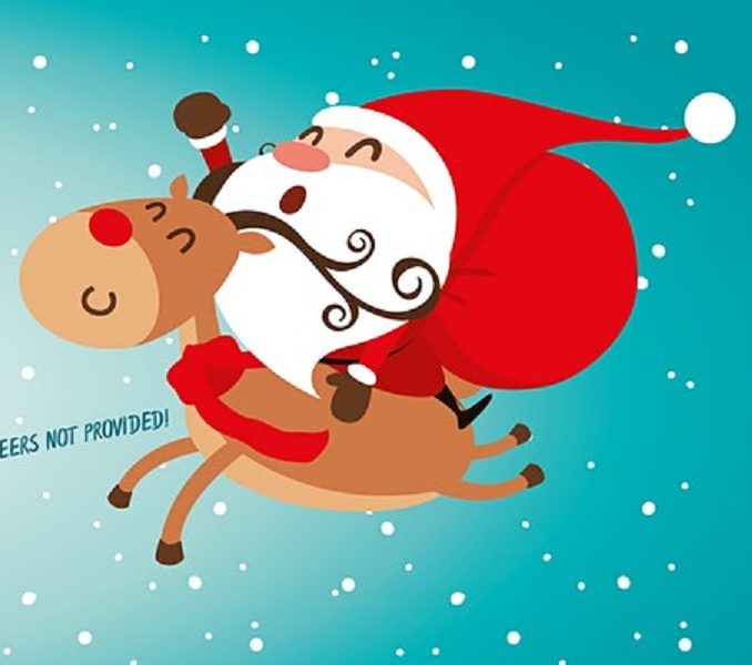 A Santa flies across a snowy sky on a reindeer