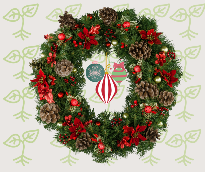 A Christmas wreath with red decorations