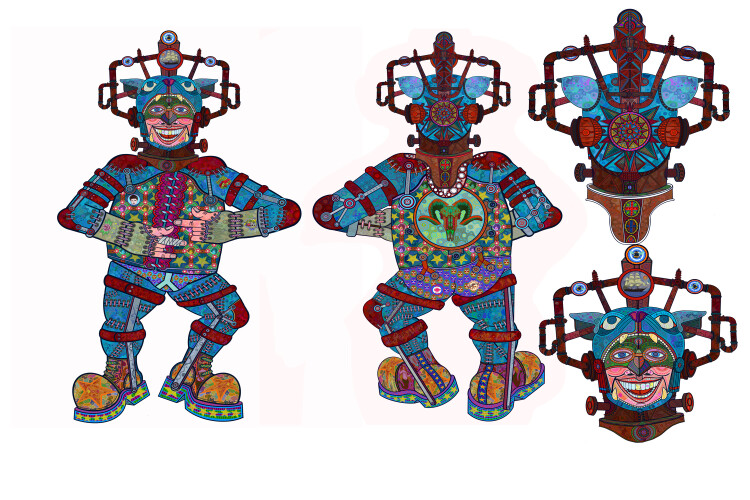 A row of colourful drawings of The Manchester Argonaut, front and back full body and head