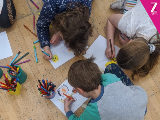 Birds eye view of children drawing
