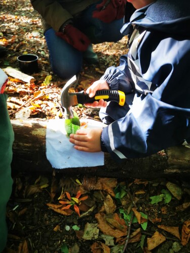 A young person sits on the forest floor and crafts with natural materials