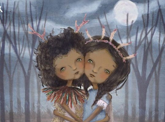 Two children huddle together under the moon in a forest