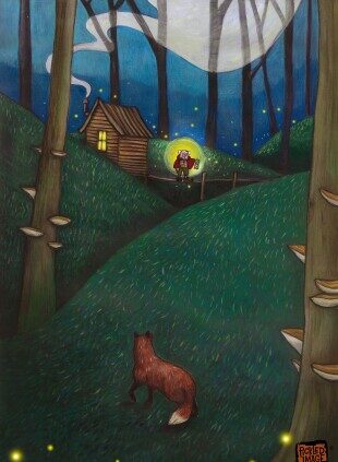 A small wooden cottage sits on a hill. Grandad stands outside with a light . A fox is a at the forefront of the image looking back at Granddad.