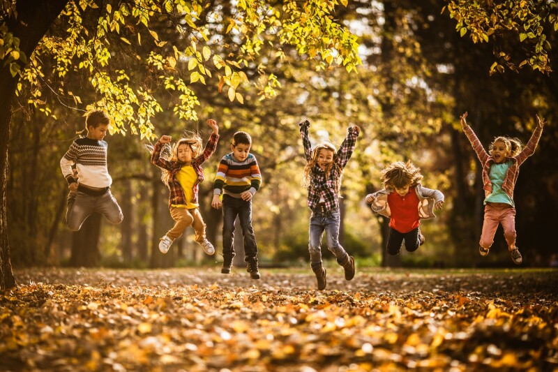 Children jumping in the autumn leaves in a park