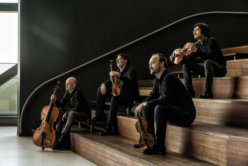 Member of the Quatuor Danel string quartet sit on a staircase.