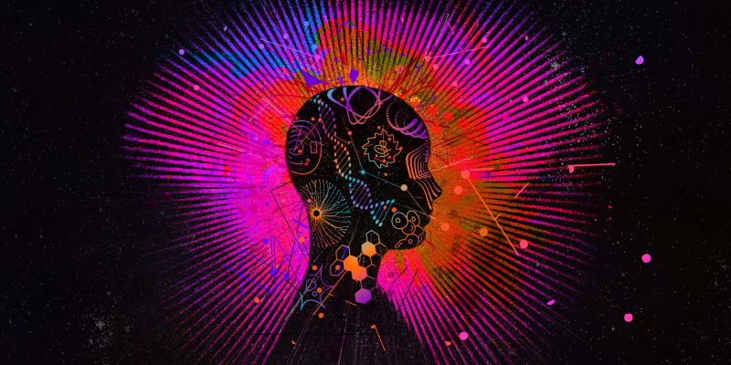An illustration of a silhouette of a head filled with colourful scientific shapes and surrounded by flashe of colour