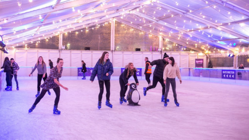 A group of young people skating on an ice rink.