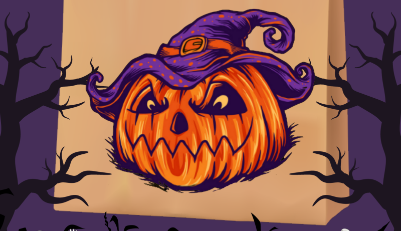 An illustration of an angry-lloking pumpkin wearing a purple hat
