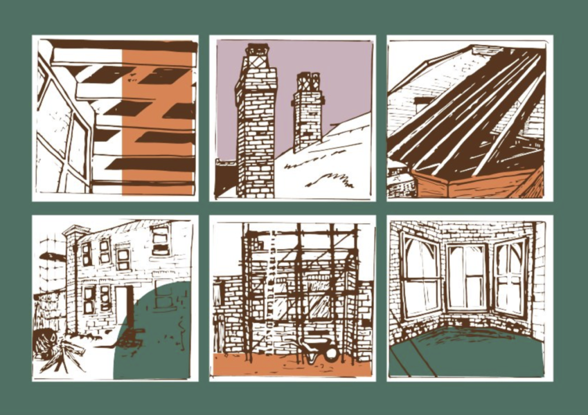 A set of six hand drawn images relating to the Pankhurst Centre building.