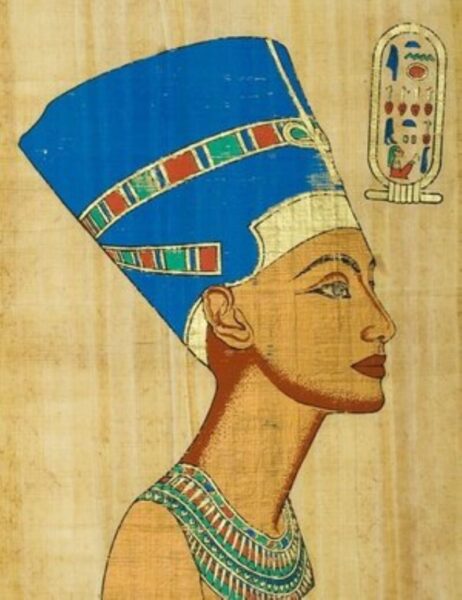 An image of Queen Nefertiti of Ancient Egypt on papyrus.