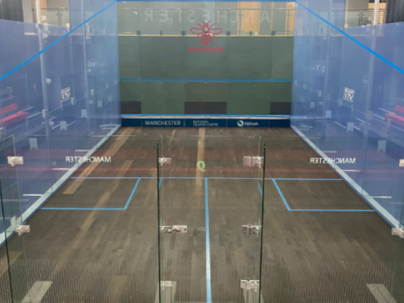A squash court at the National Squash Centre in Manchester.