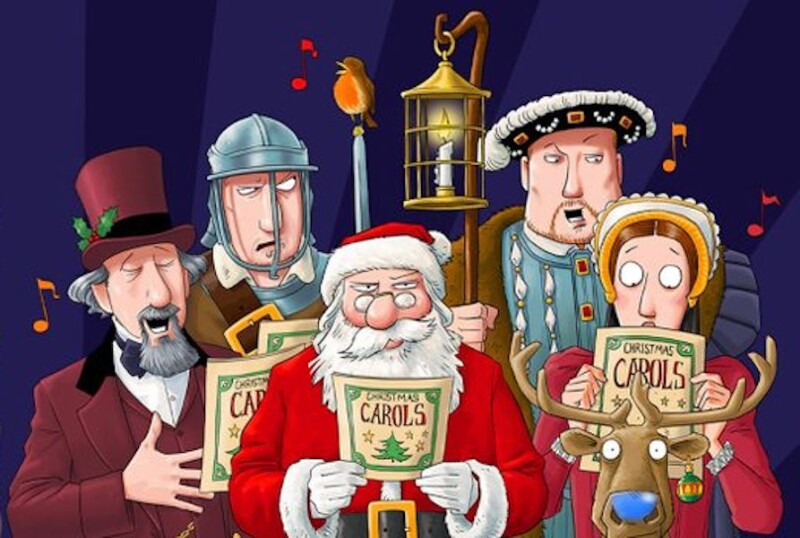 A group of horrible histories characters carol singing. The group includes Father Christmas, Henry VIII among other historical figures.