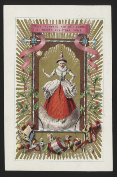 A colourful print of a Victorian woman dressed in Christmas style.