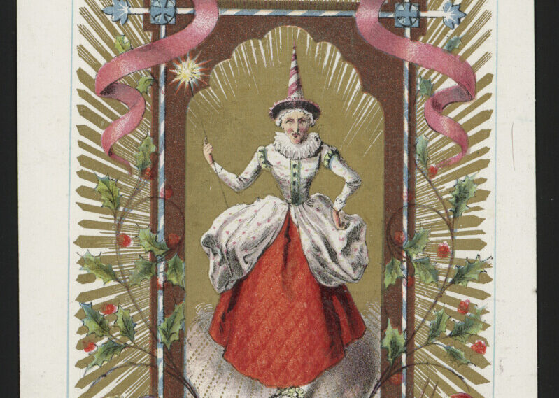 A colourful print of a Victorian woman dressed in Christmas style.