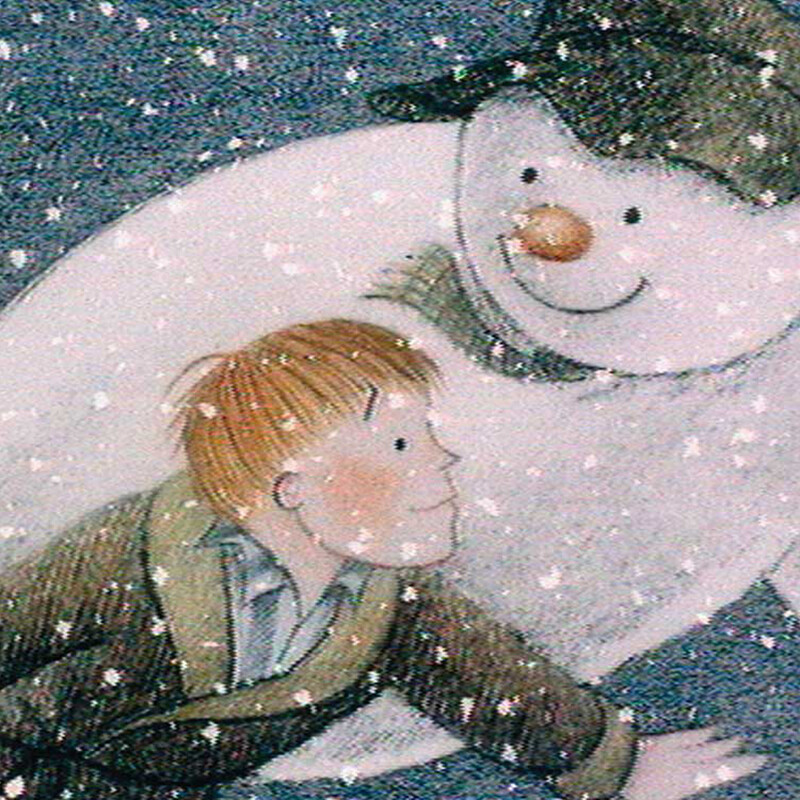 An image from the film 'The Snowman' - the boy and the Snowman flying through the air