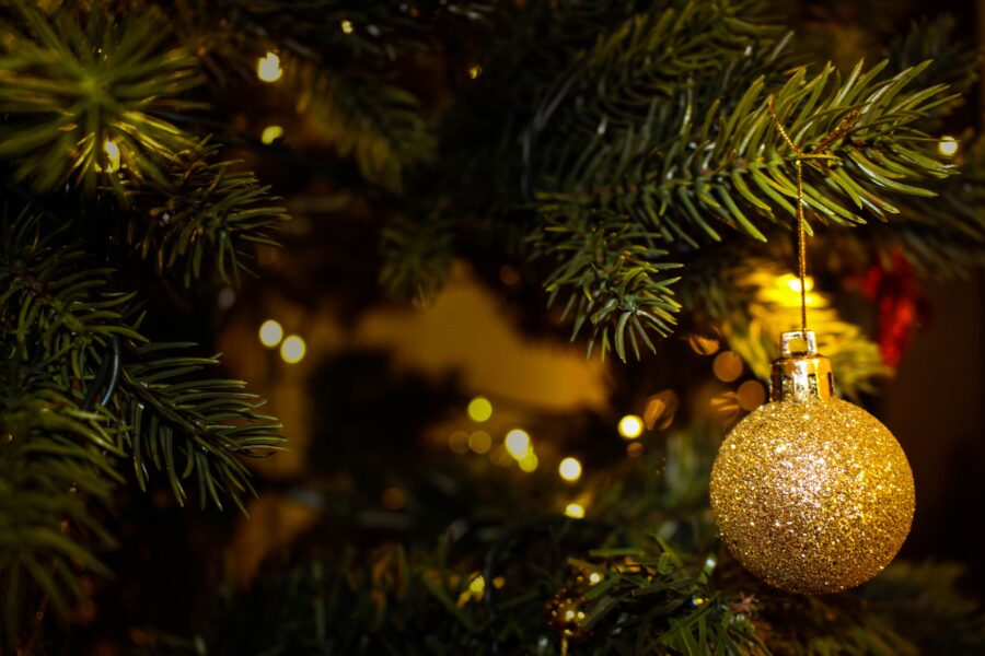 A close up of a gold bauble hanging on a Christmas tree