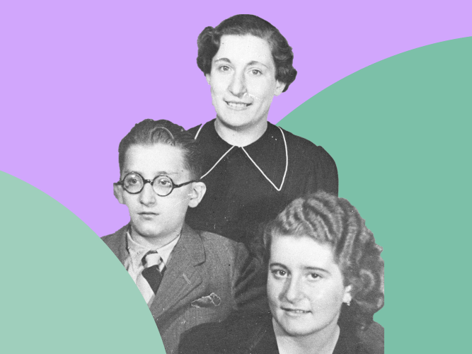A black and white photograph of an adult woman, a young boy and a young girl standing together with a colourful background behind them. The woman has short hair and is wearing a dark dress with a collar. She's smiling. The boy is on her left side. He's wearing round glasses and a suit. The little girl in on the right side. She has curly hair and is smiling towards the camera. The text says We Remember them in verbs. Sharing the untold stories of Ordinary People.