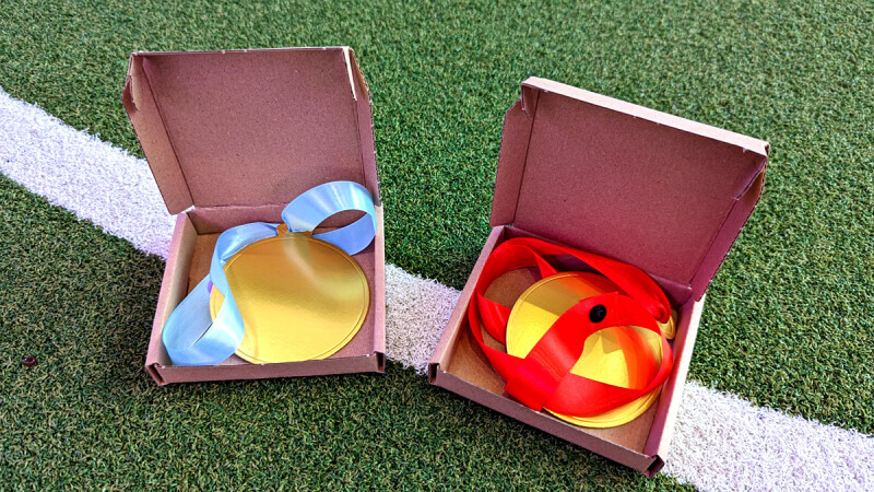 A photograph of two cardboard medals in cardboard boxes with sky blue and red ribbons respectively.