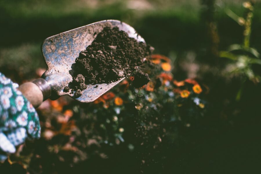 A garden shovel with some soil on it.