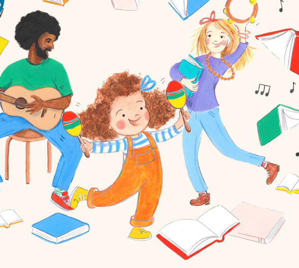 Image shows a three people, a man, woman and child dancing and having fun. The woman is holding a tamborine, the man is playing a guitar, and the child is holding maracas. There are books and music notes flying around them.