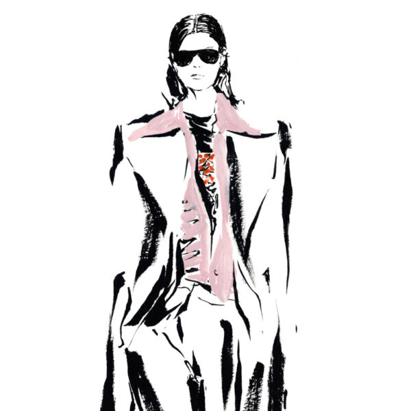 A fashion drawing of a woman in pink and black pens.