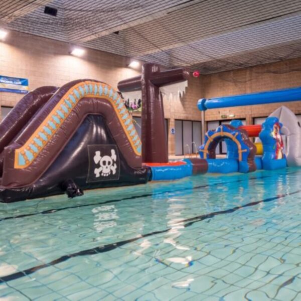 A swimming pool with inflatables