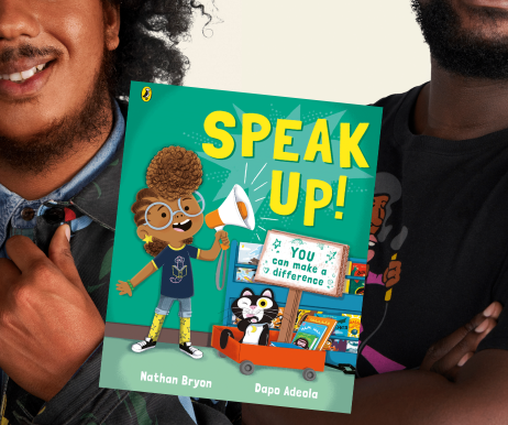 A green children's book with the words 'Speak Up!'on the front on it.