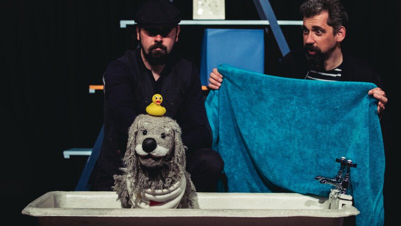 A grey puppet of a dog sits on top of a table with a yellow rubber duck on it's head. A puppeteer stands behind holding a blue piece of material.