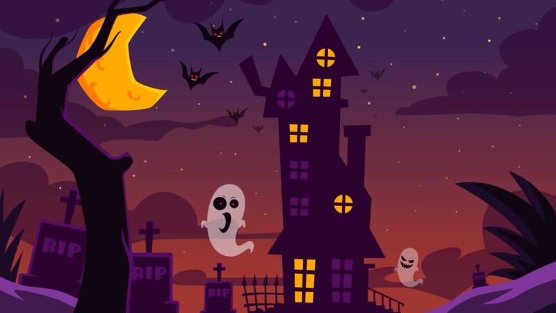 An illustration of a tall haunted house with ghosts and bats.