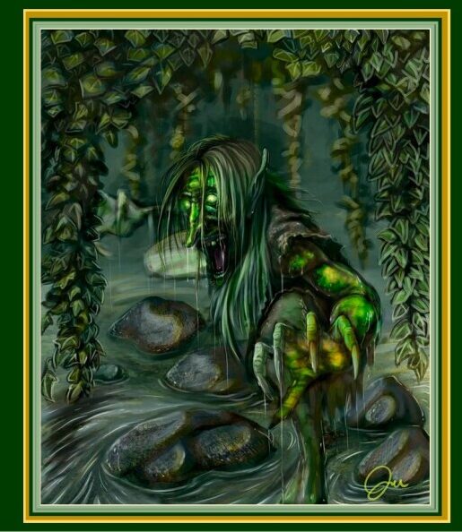 An illustration of a witch emerging from a murky pond.