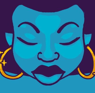 A picture of a Black Women in turquoise and purple, wearing gold hoop earrings.