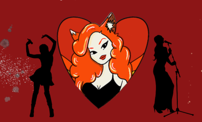An illustration of woman with red hair wearing fox ears cartoon redhead woman with fox ears and two silhouettes - one is a singer and one is a dancer.