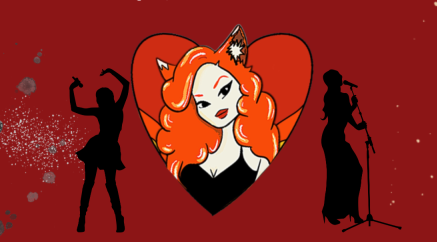 An illustration of woman with red hair wearing fox ears cartoon redhead woman with fox ears and two silhouettes - one is a singer and one is a dancer.